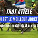 Image illustrant un article Turf Factory sur le trot attelé avec des chevaux en course, texte “Trot attelé – Qui est le meilleur jockey ? Classement, rentabilité et analyse 2025”.