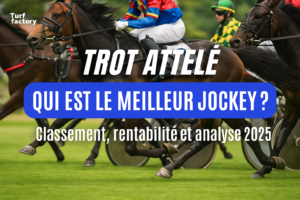 Image illustrant un article Turf Factory sur le trot attelé avec des chevaux en course, texte “Trot attelé – Qui est le meilleur jockey ? Classement, rentabilité et analyse 2025”.